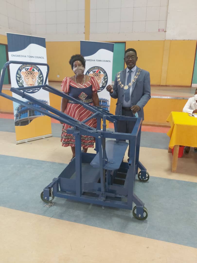 Brick-making machine donated Shack Dwellers Federation Ongwediva brick manufacturing machine