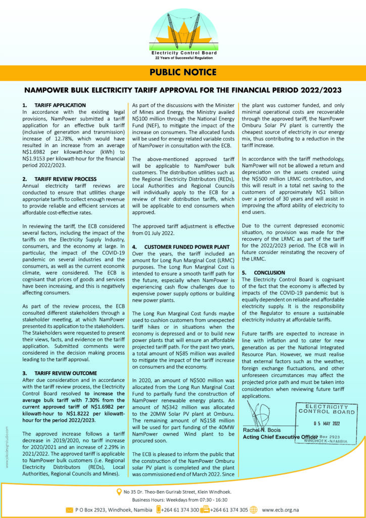 NamPower issues public notice electricity tariff increase